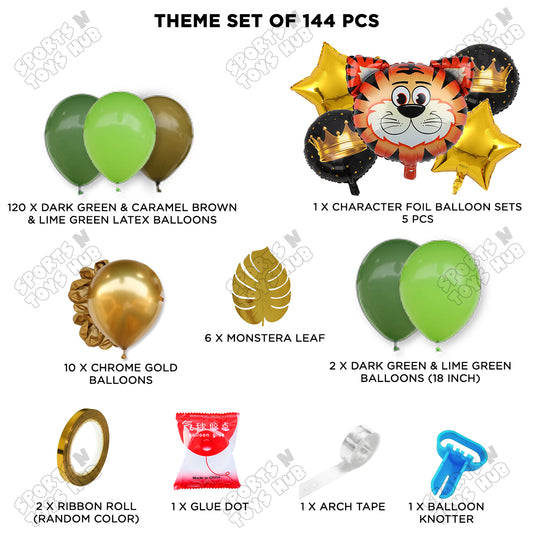 144 Pcs Premium Green, Brown & Chrome Gold Tiger Theme with Balloon Arch Garland