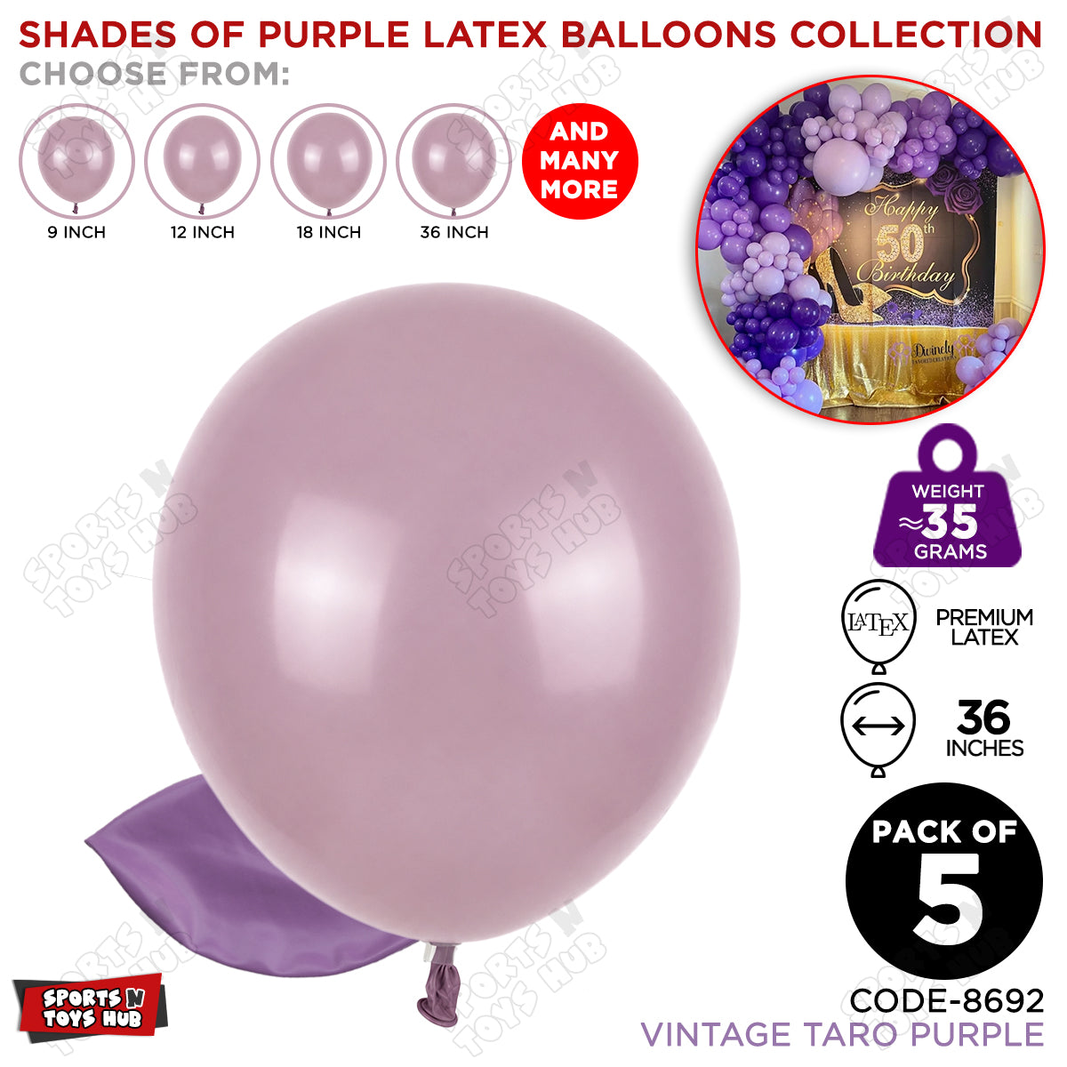 Taro Vintage Purple Latex Balloons Available In 9, 12, 18 & 36 Inch Sizes