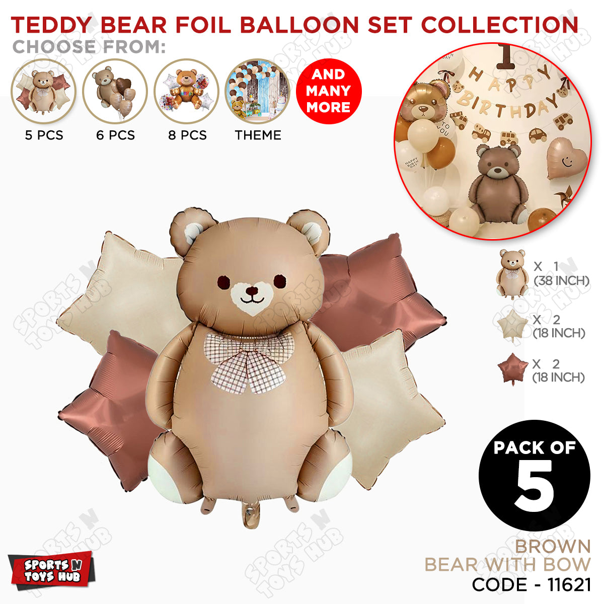 Teddy Bear Pack Of 5 Foil Balloon Set – Large Brown Teddy Balloon with Retro Star Foil
