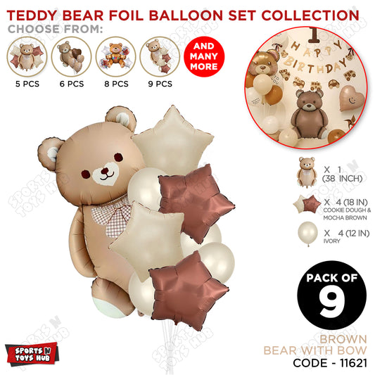 Vintage Teddy Bear Pack Of 9 Foil Balloon Set – Large Brown Teddy Balloon with Retro Star Foil & Latex Ballloon For Baby Showers, Birthdays & Party Decorations