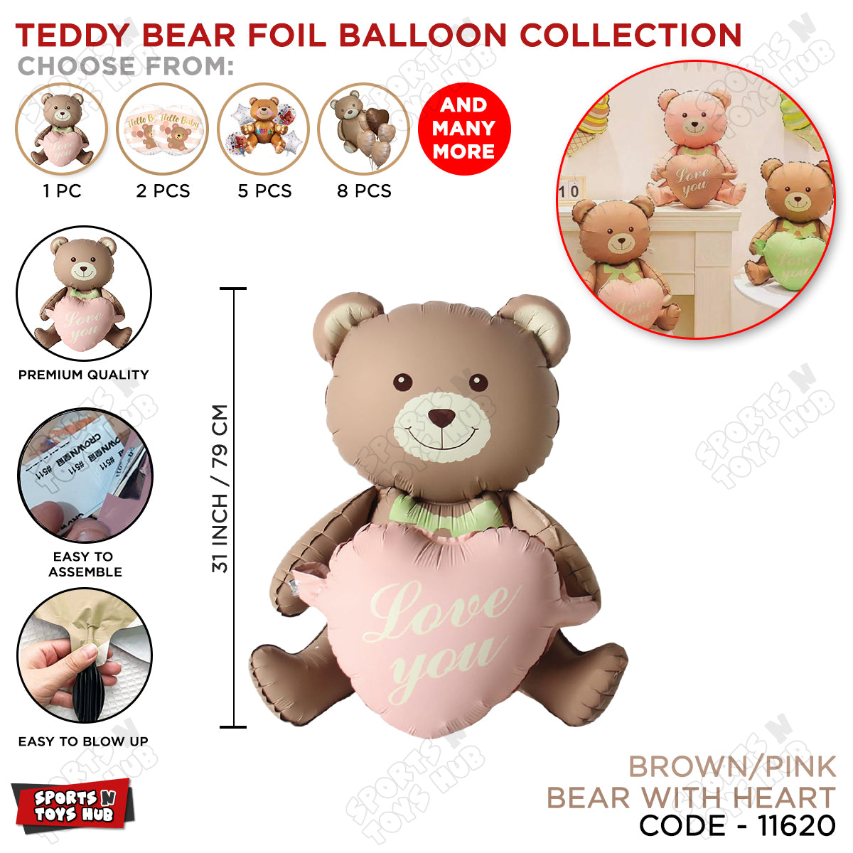 Cute Teddy Bear Foil Balloon Holding Love You Heart, Party Decoration