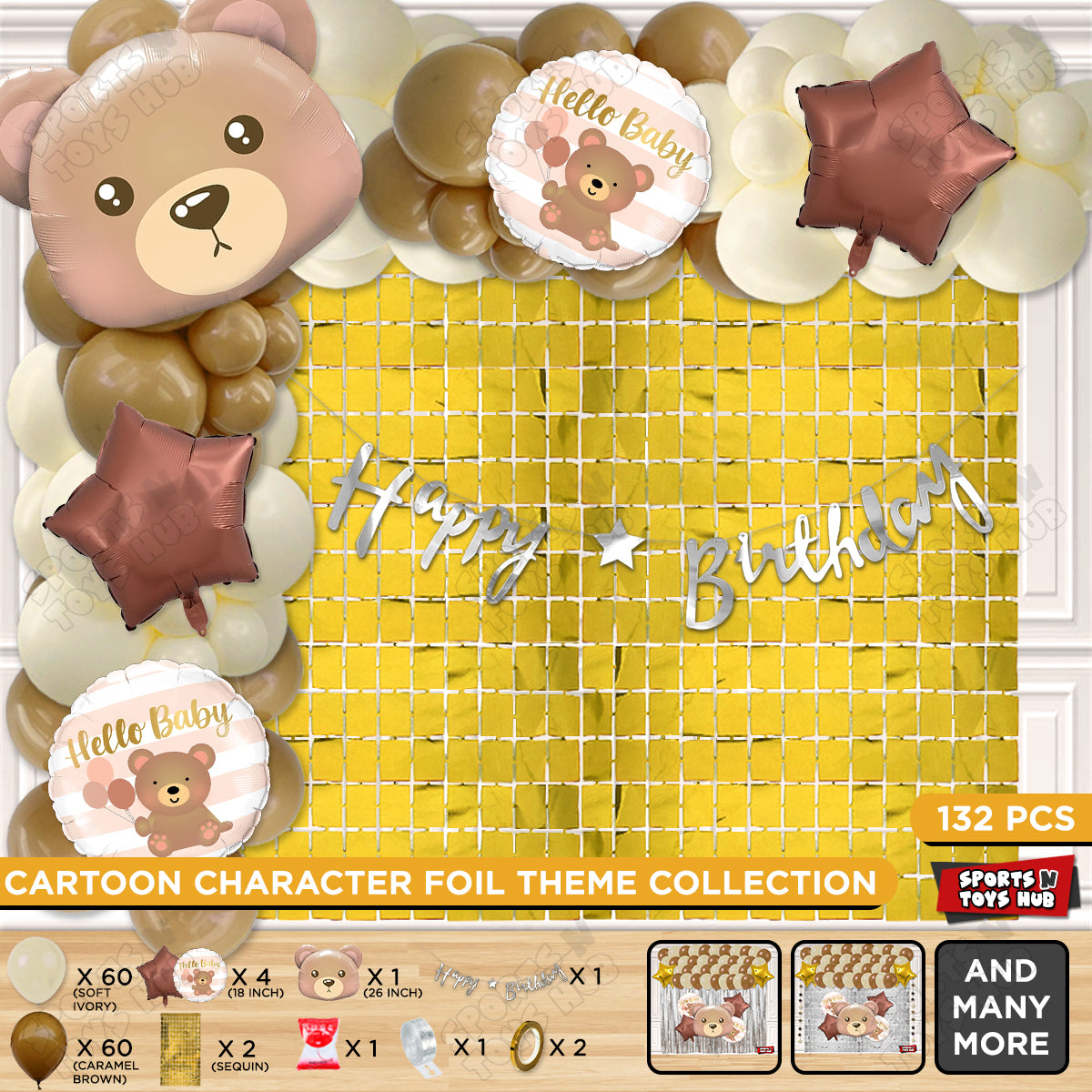 Teddy Bear Face Foil Balloon Set With Cursive Card Banner Arch Theme