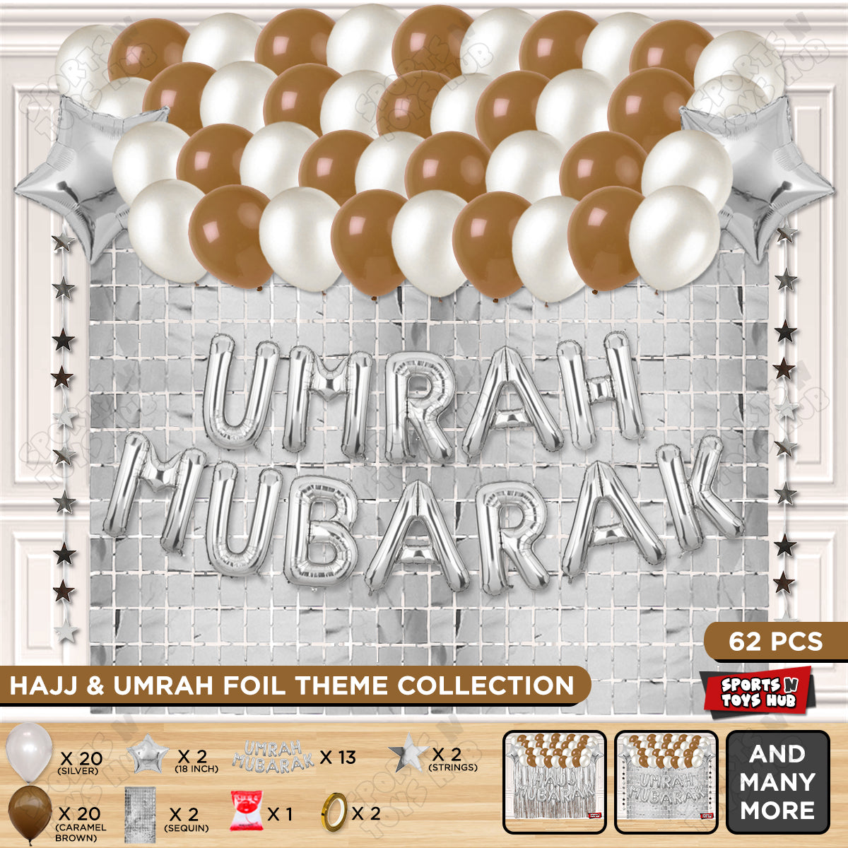 Umrah Mubarak Silver Foil Letter Rectangle Curtain Theme Collection
