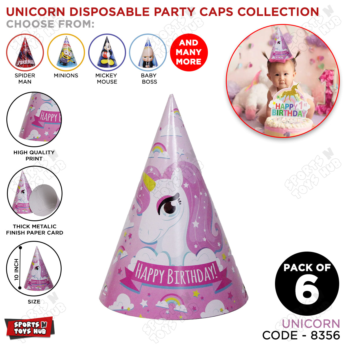 Unicorn Cartoons Characters Caps - 6 Pcs