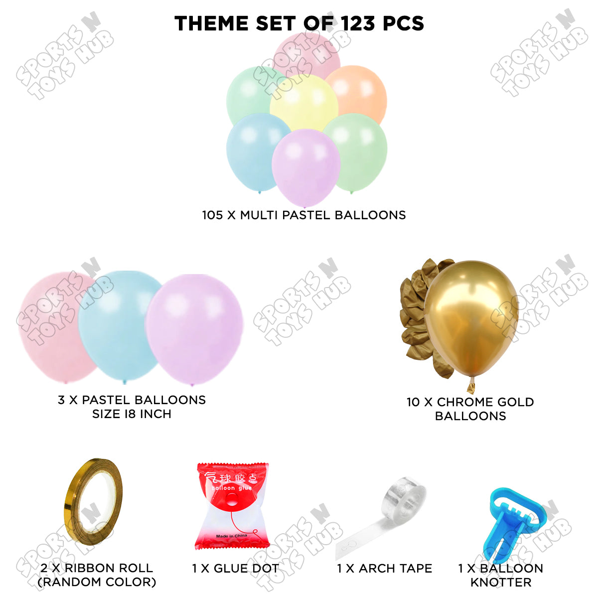 Multi Pastel Color Arch Latex Balloon & Chrome Theme Set - 123 Pcs