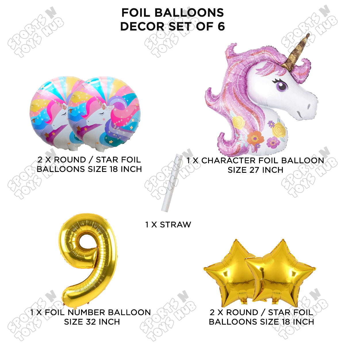 Unicorn Foil Balloon Set With Number Collection - Pack Of 6