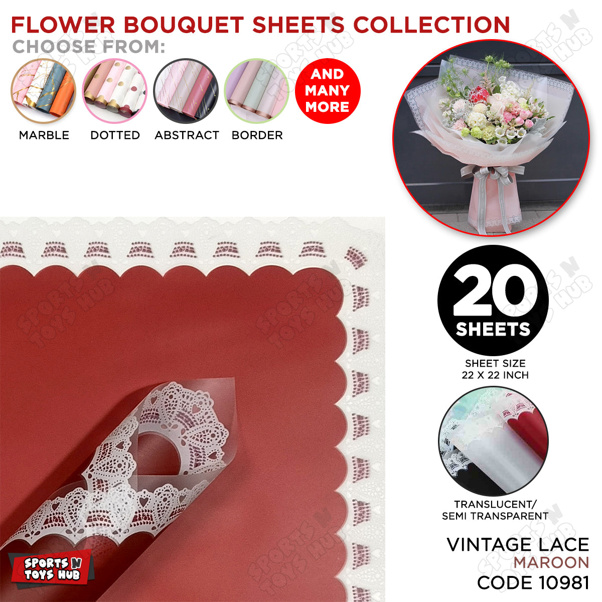 Flower Sheet Vintage Lance Border Style, Wrapping Paper, Floral Gifting Sheets Bouquet Collection