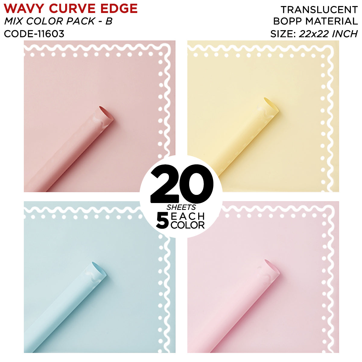 Wavy Curve Edge Border - Mix Color 20 Sheet Pack - Translucent Flower Wrapping Sheets