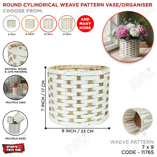 Round Cylindrical Weave Pattern Vase & Organizer – Natural Wood & Jute Woven Storage Basket