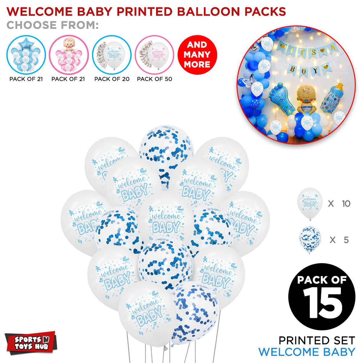 Welcome Baby Boy Printed & Confetti Balloons Bouquet - 15 Pcs