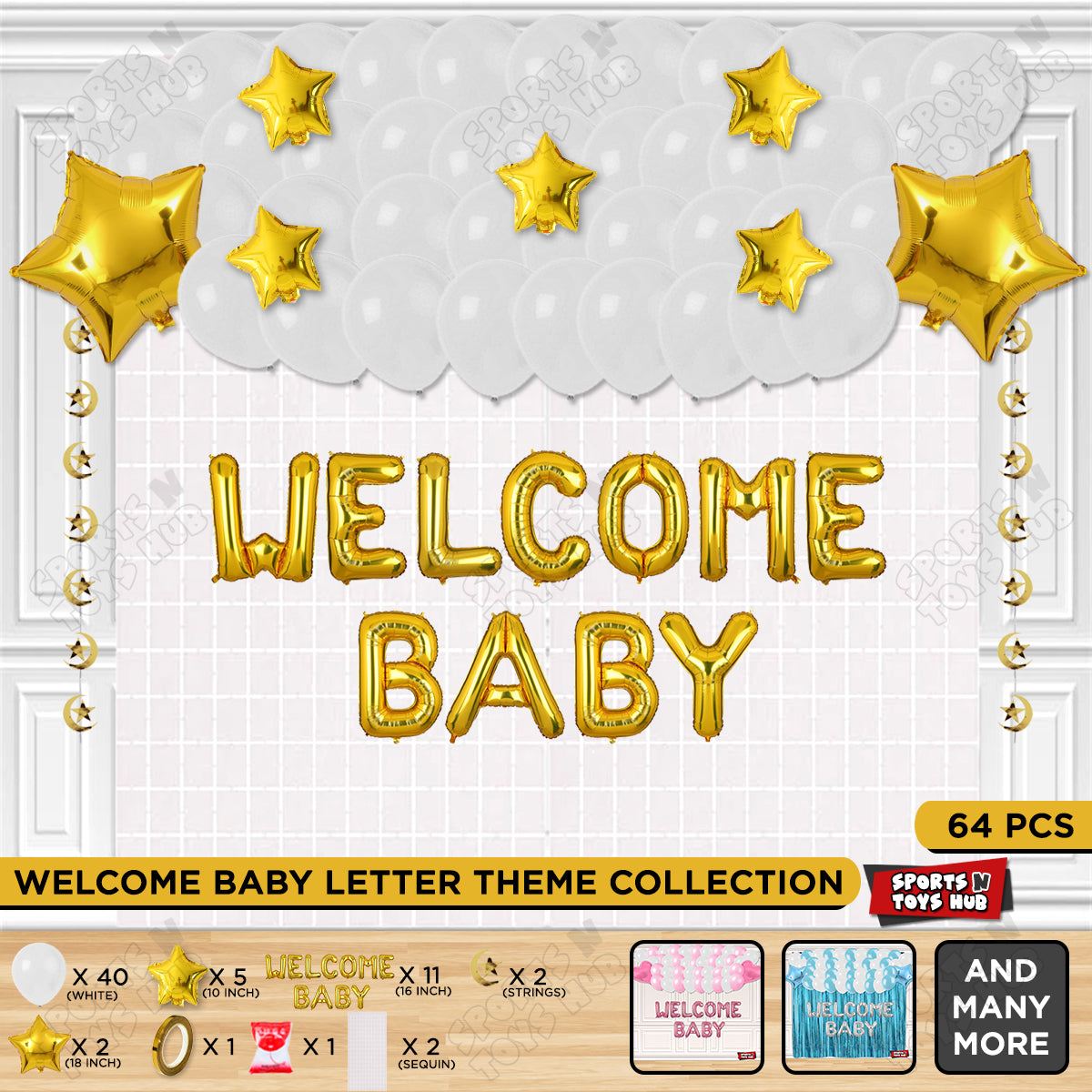 Welcome Baby Foil Letter Theme With Rectangle Curtain - White & Gold