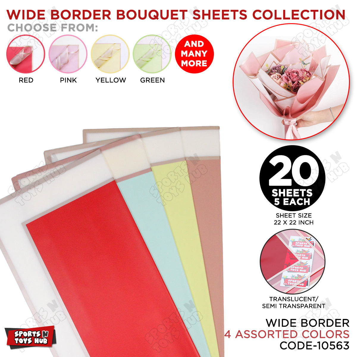 Triple Edge Wide Transparent Border - Mix Color 20 Sheet Pack - Translucent Matte Florist Wrapping Sheets