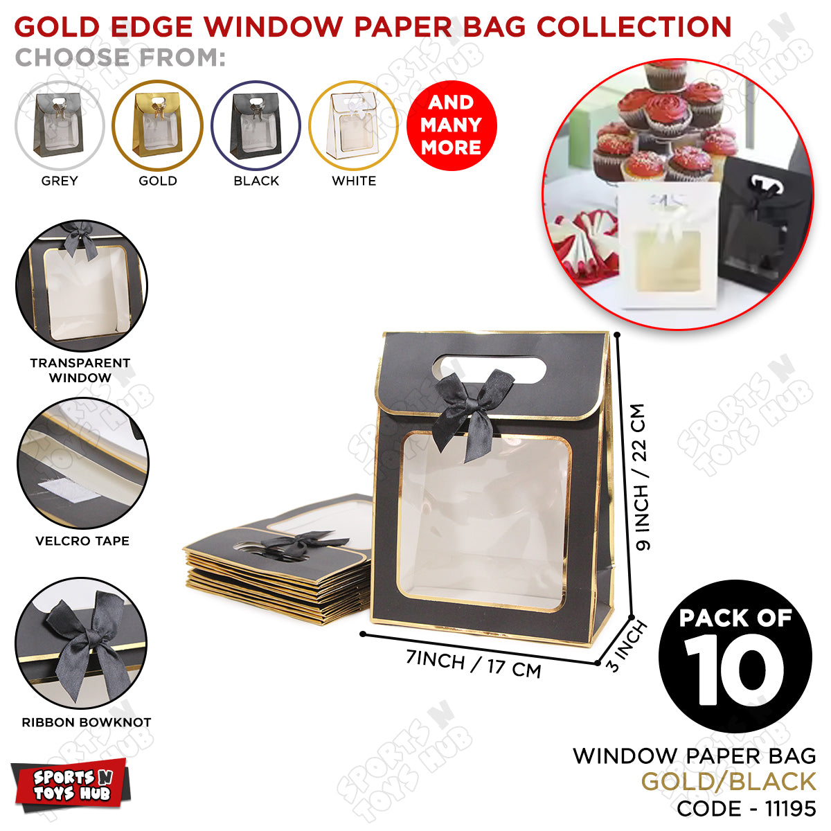 Window Paper Gift Bag with Gold Foil Edge Details - Pack of 10