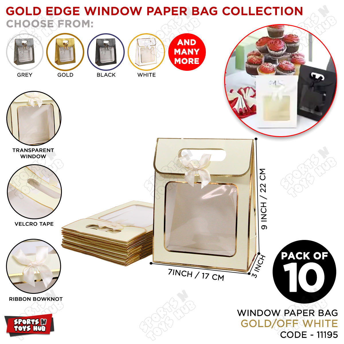 Window Paper Gift Bag with Gold Foil Edge Details - Pack of 10