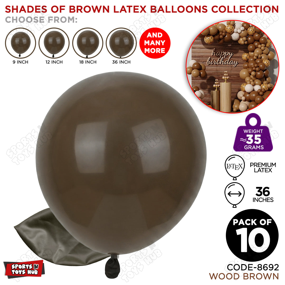 Wood Brown Latex Balloons Available In 9, 12, 18 & 36 Inch Sizes