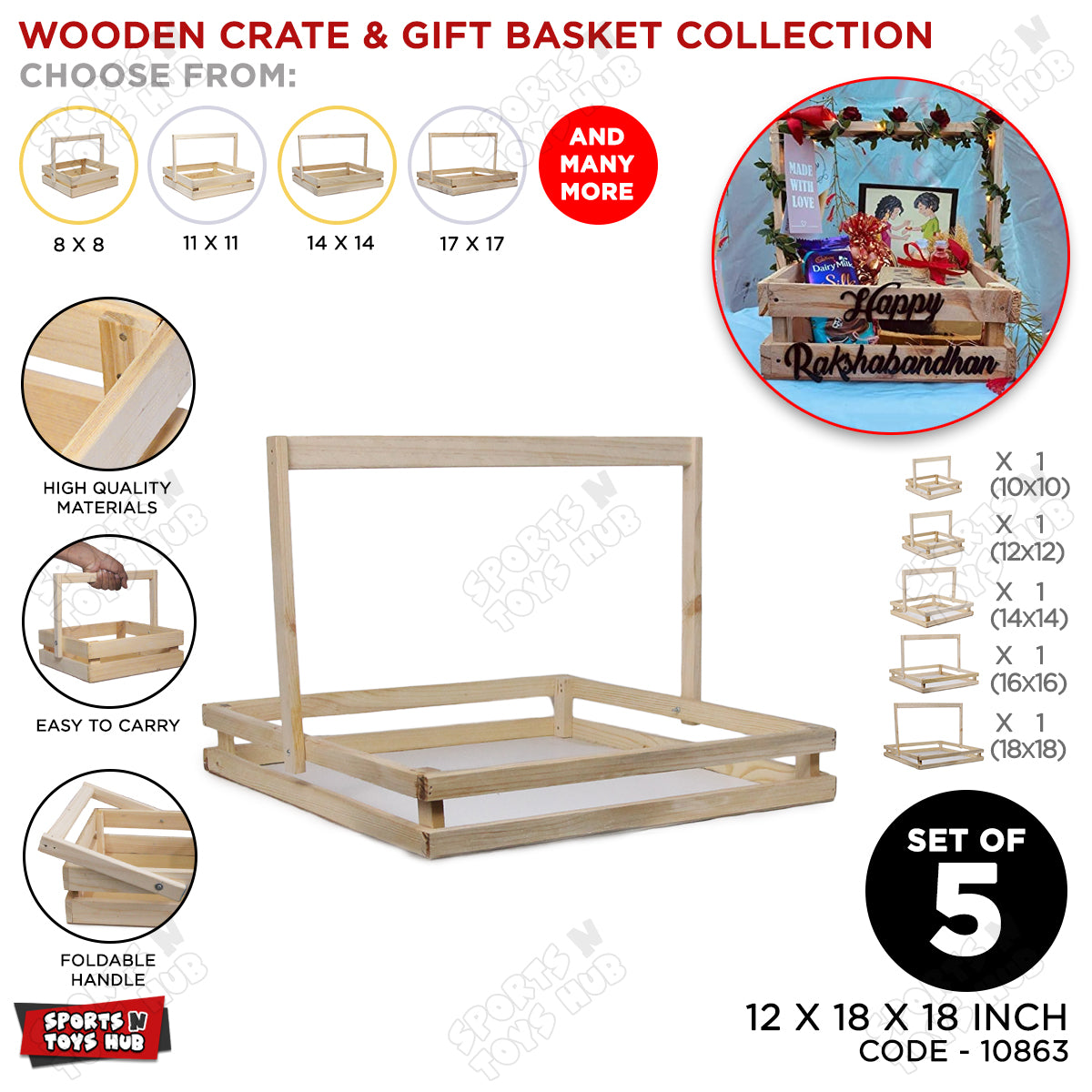 Set Of 5 - Wooden Crate Gift Basket With Foldable Handle