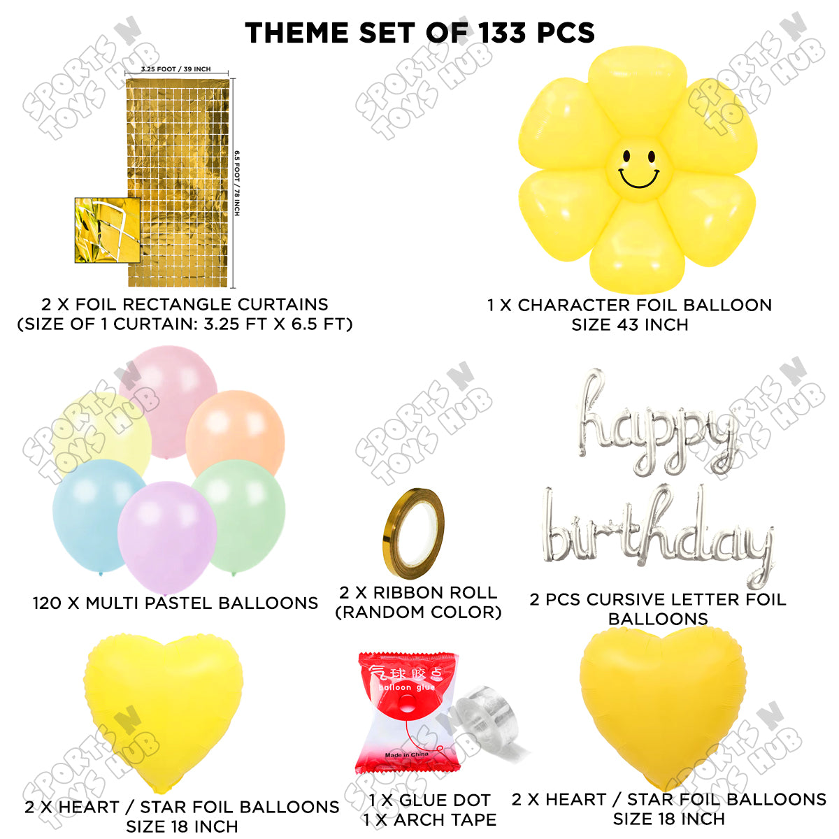 Jumbo Yellow Smiley Flower Cursive Foil Letter Arch Theme