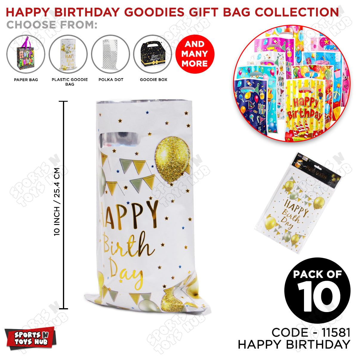 Happy Birthday Printed Goodies Gift Bags - 10 Pcs