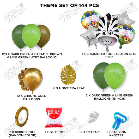 Jungle Safari Balloon Decoration Kit – 144 Pcs Green & Gold Zebra Theme Birthday Party Set with Balloon Arch Garland