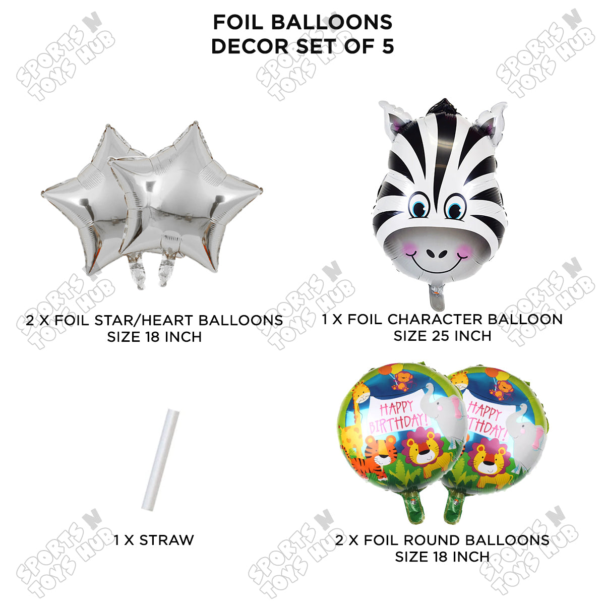 Zebra Pack Of 5 Foil Balloon Set