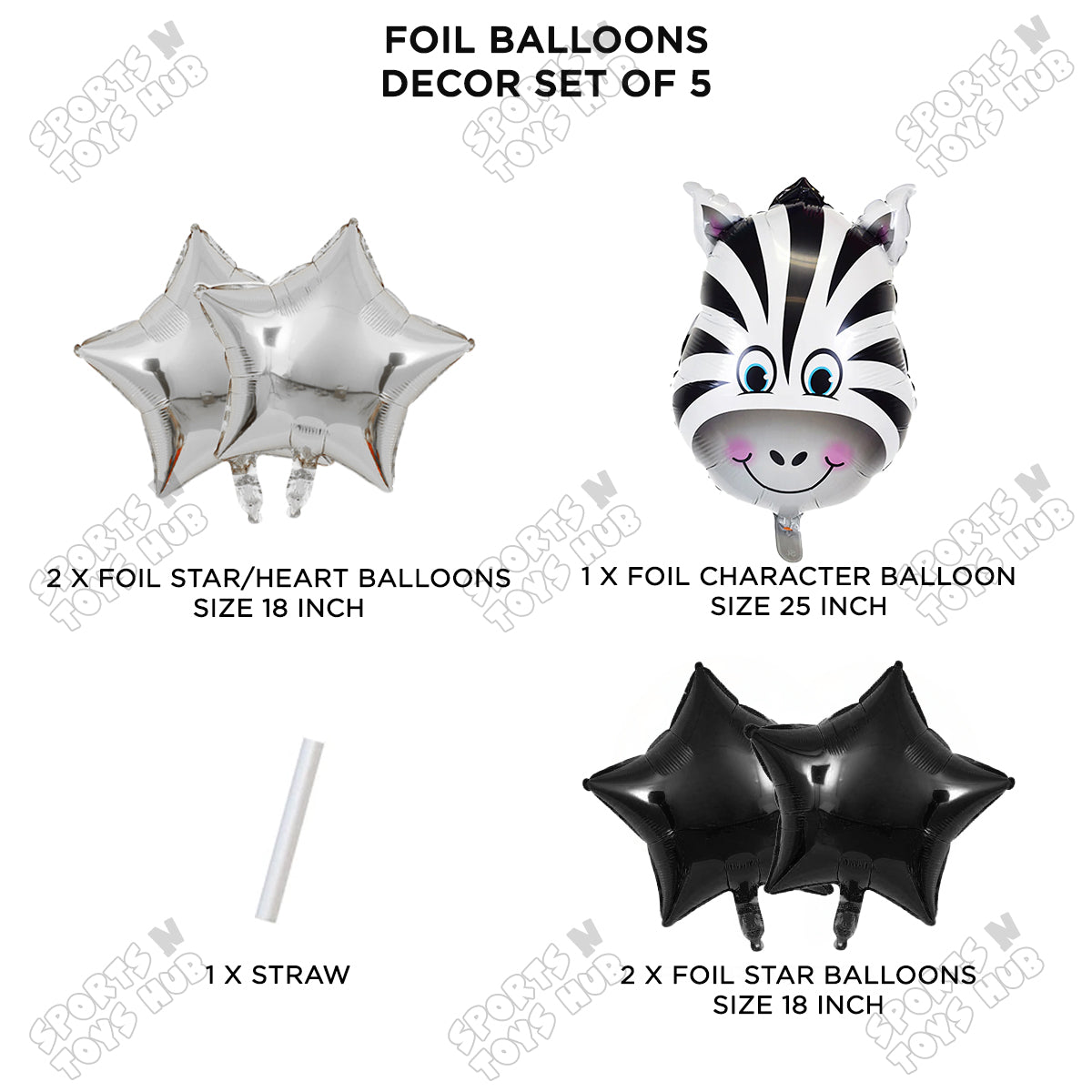 Jungle Safari Zebra Pack Of 5 Foil Balloon Set