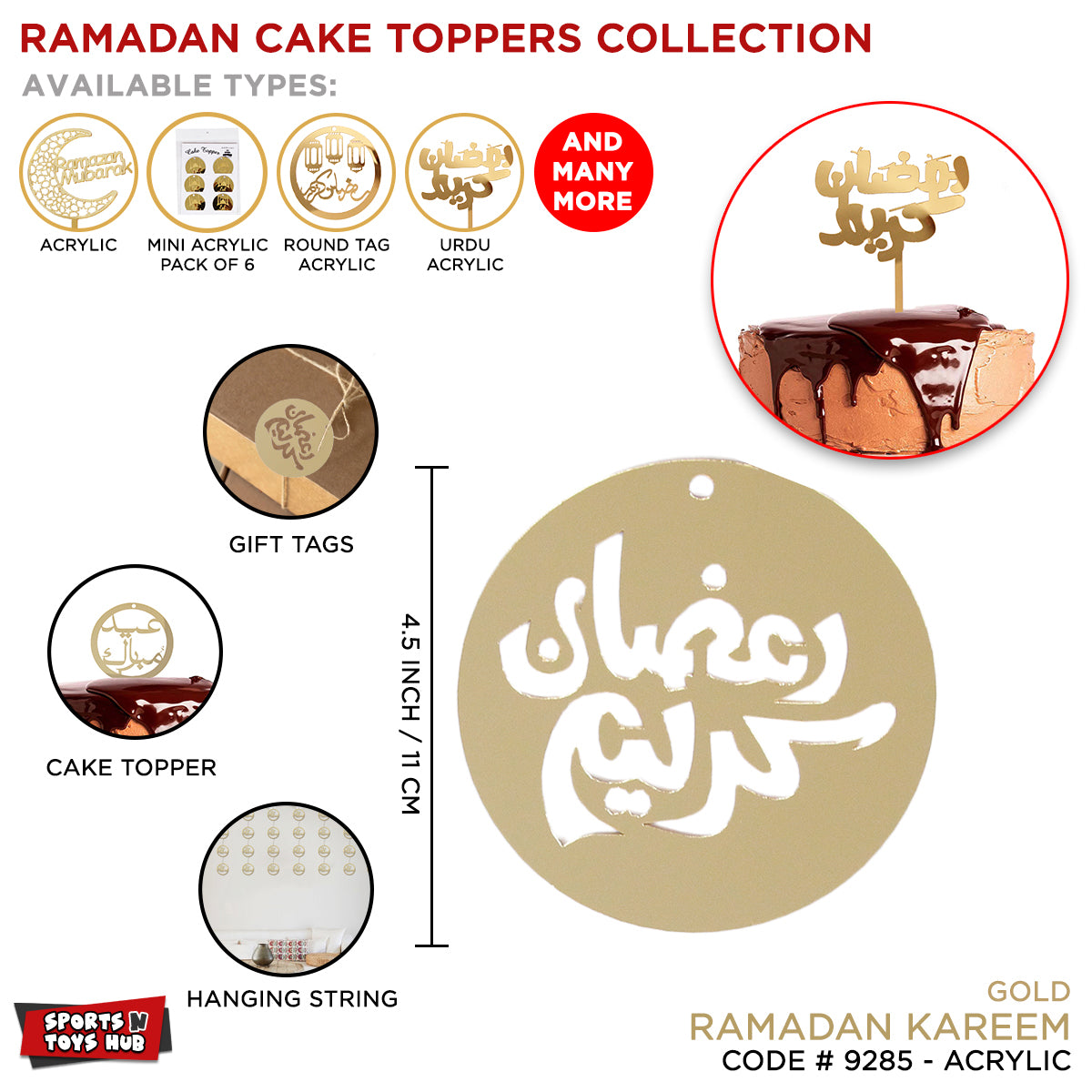 Ramadan Kareem Urdu Text Round Tag Style Acrylic Cake Topper