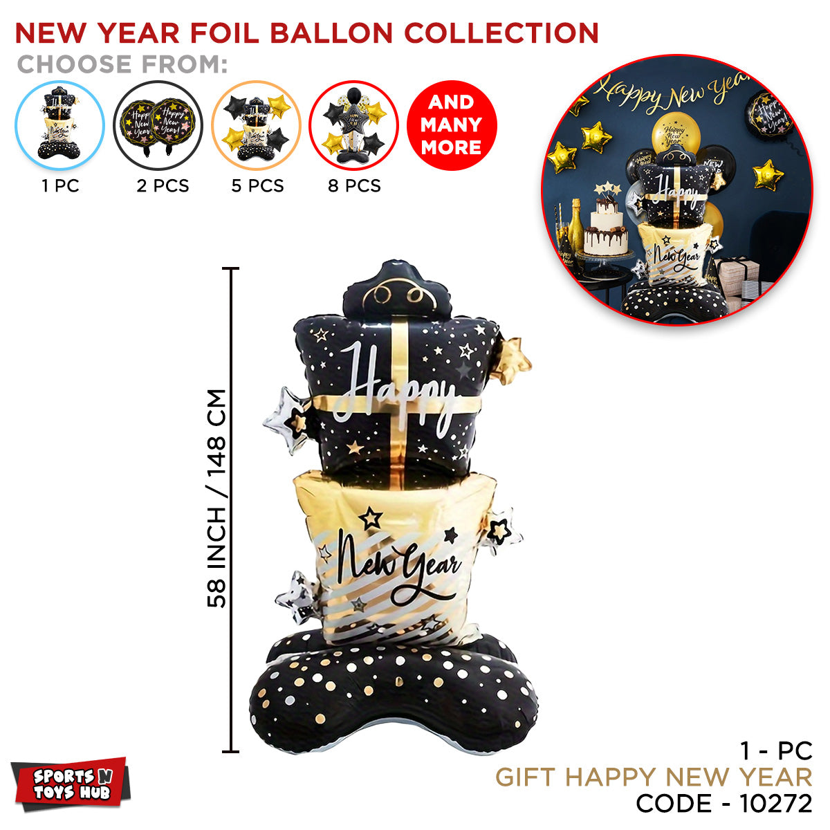 Happy New Year Present Shape Jumbo Foil Balloon Stand