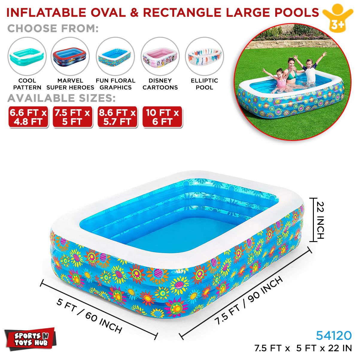 Bestway 5 x 7.5 FT Inflatable Oval Rectangle Pool - 54120