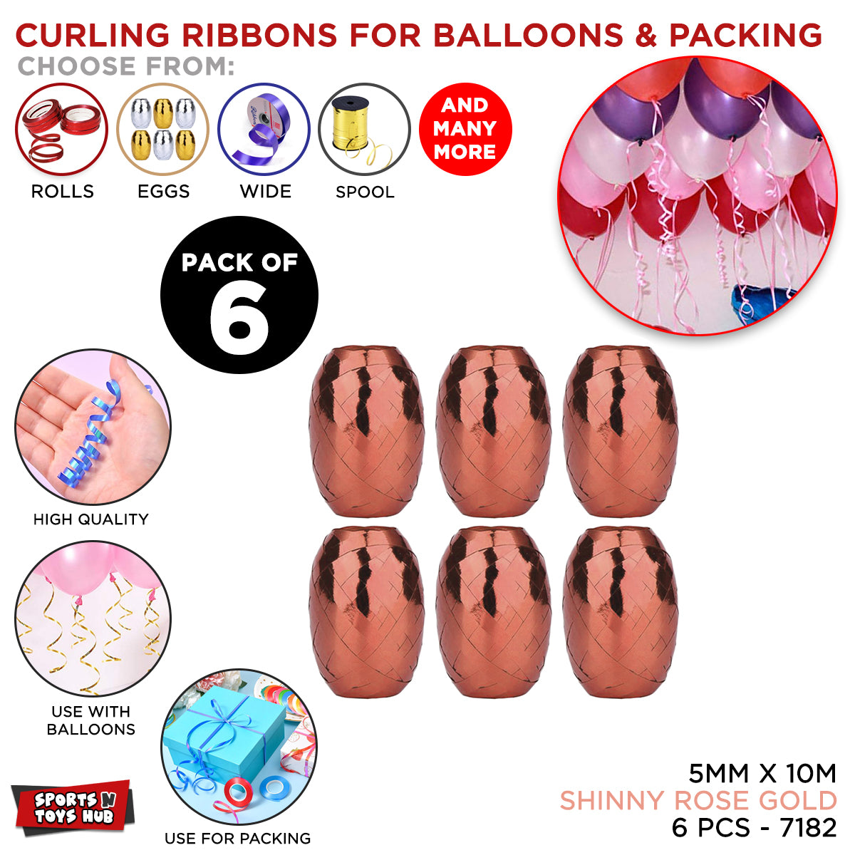 Curling Ribbon Egg Shaped Rolls - Pack of 6 - Ideal for Balloon Tying, Gift Wrapping & Party Decorations