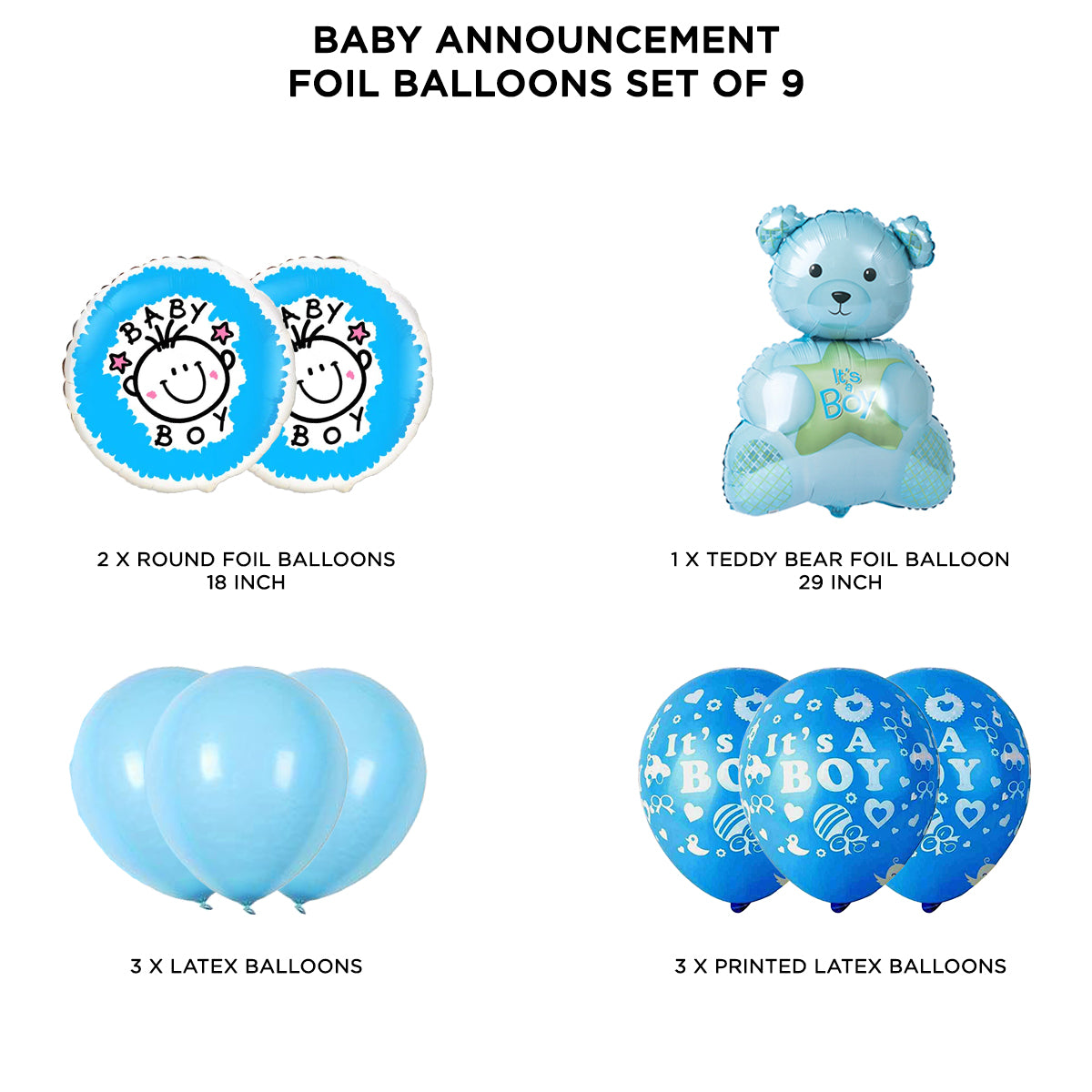 Baby Boy Teddy Bear Foil Balloon - 9 Pcs