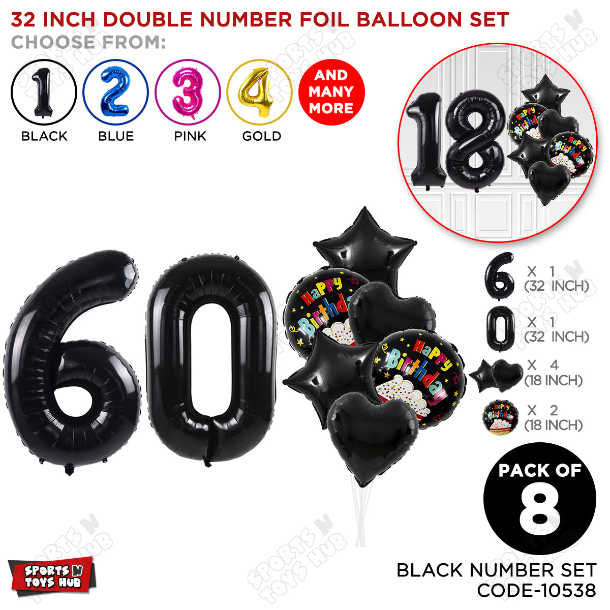 Black Color 32 Inch Number Foil Balloon With Round Printed Balloon Set