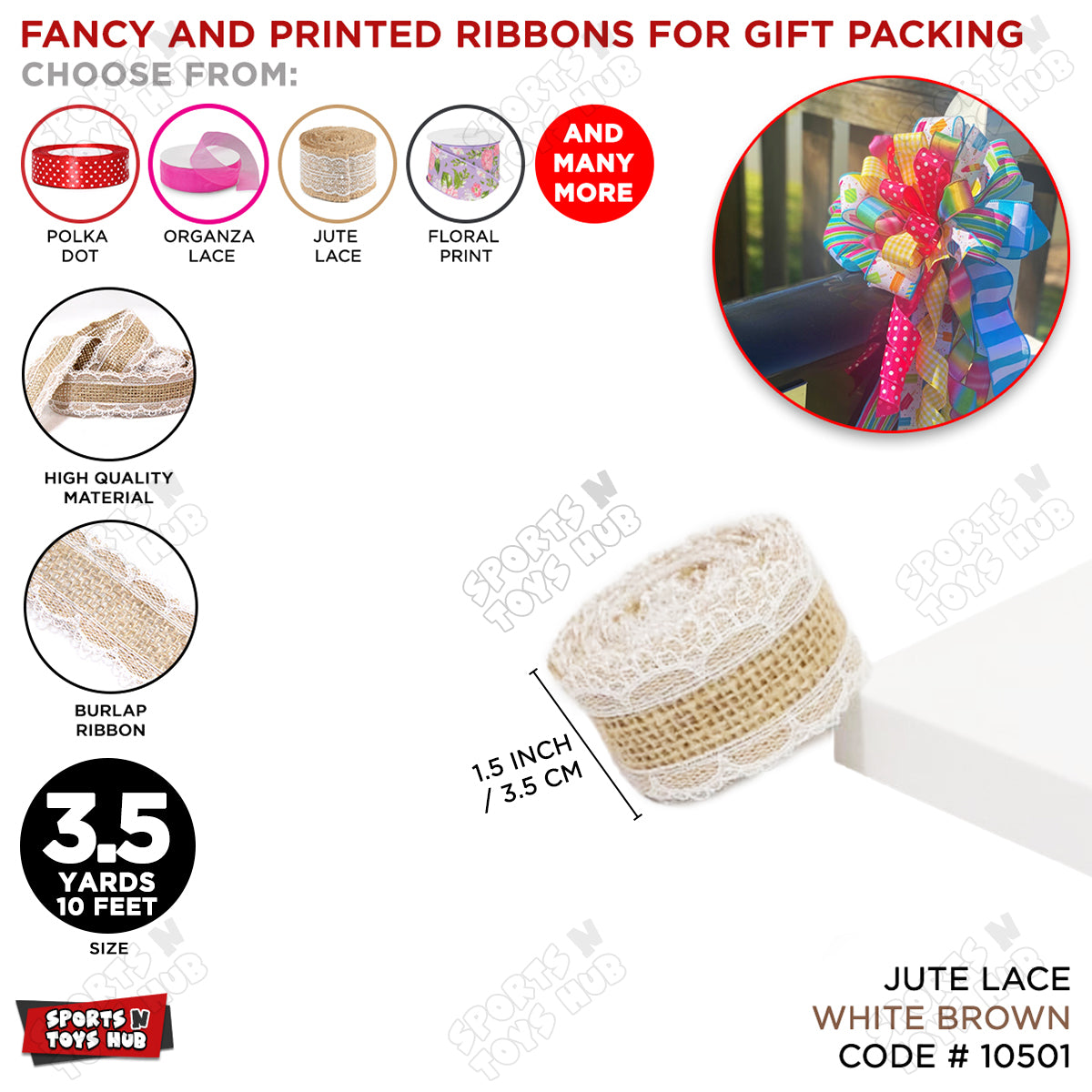 Rustic Jute Lace Ribbon Roll – Burlap Ribbon with White Lace Edge for Gift Wrapping, Wedding Decor & Crafts