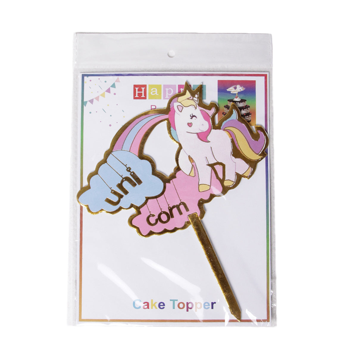 Cartoon Character HBD Unicorn Painted Card Board Cake Topper