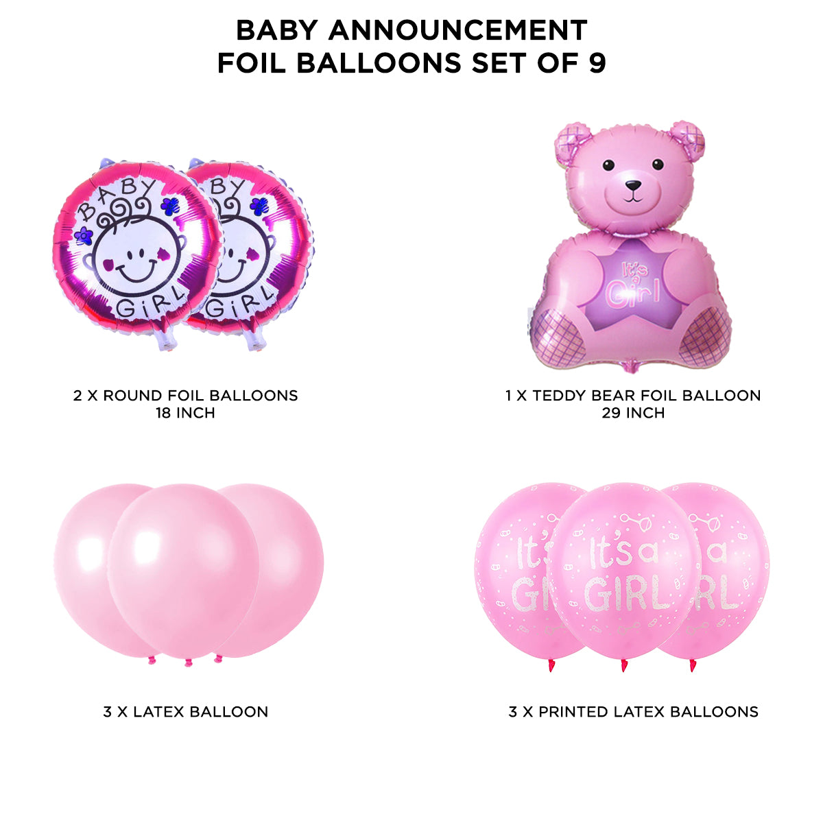 Baby Girl Teddy Bear Foil Balloon - 9 Pcs