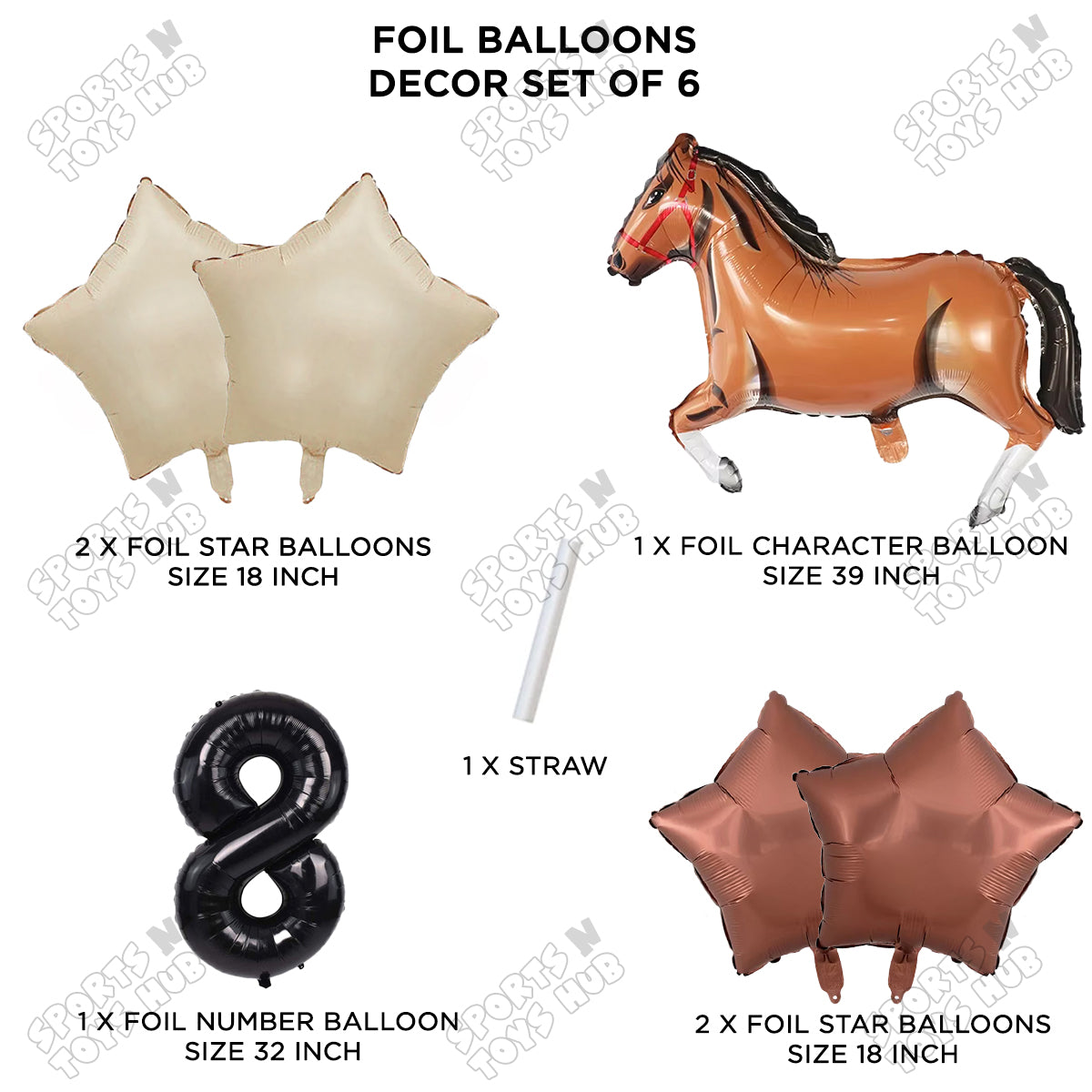 Giant Horse Brown Color Pack Of 6 Balloon Set With 32 Inch Foil Number Balloon