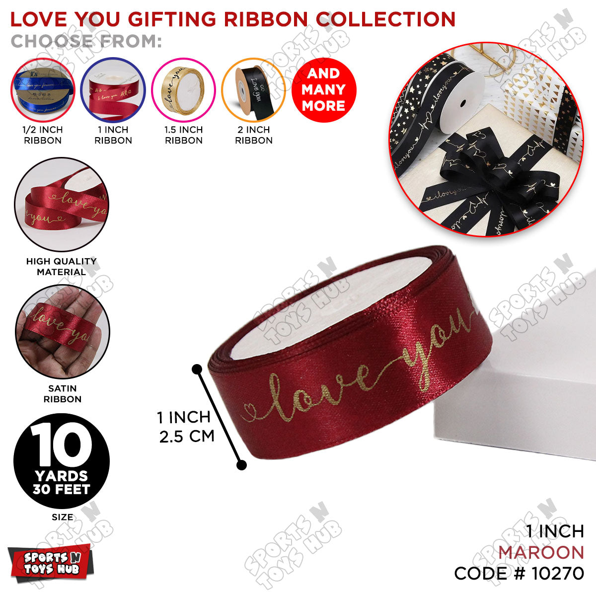 "Love You" Printed Satin Ribbon Roll – 1 Inch x 9 Yards for Gift Wrapping & Floral Decor
