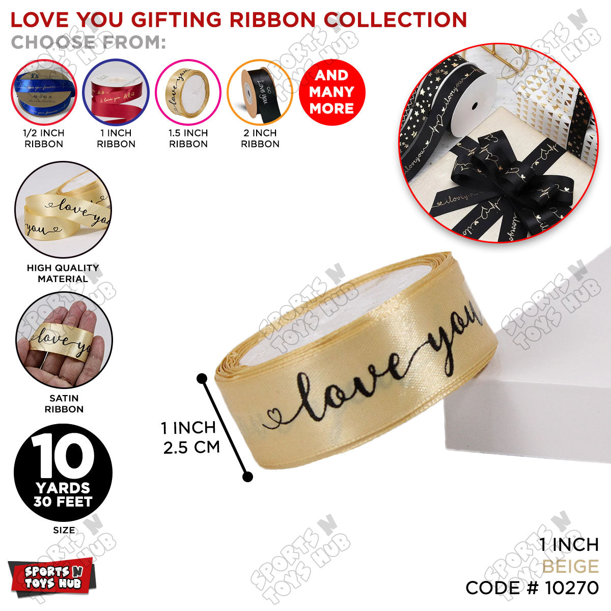 "Love You" Printed Satin Ribbon Roll – 1 Inch x 9 Yards for Gift Wrapping & Floral Decor