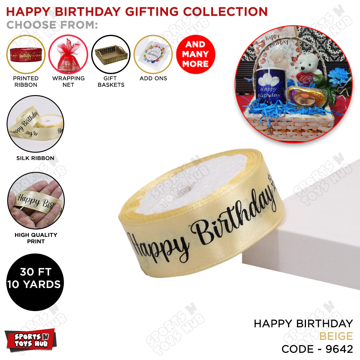 Happy Birthday Printed Satin Ribbon Roll - 1 Inch x 9 Yards