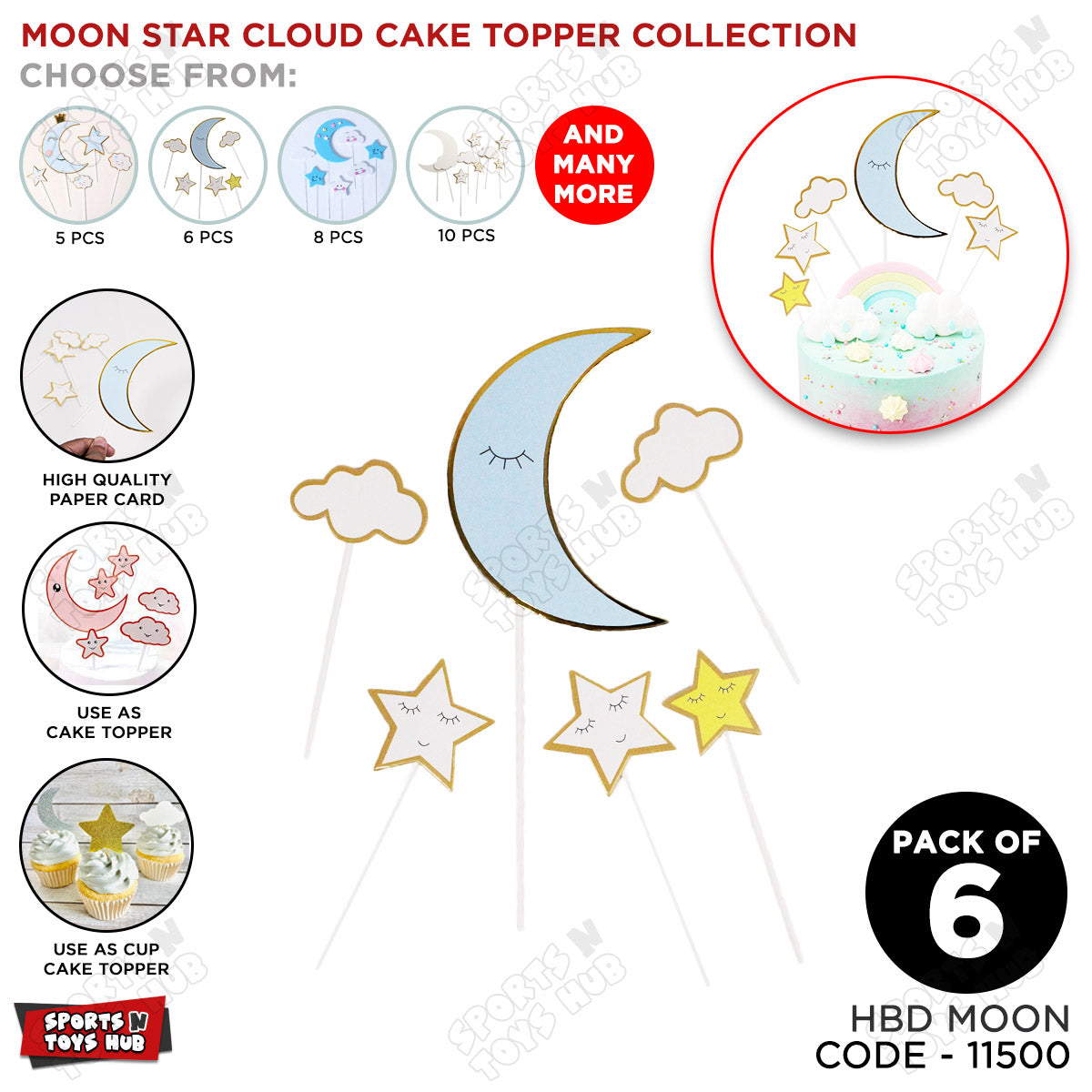 HBD Moon Star & Cloud Cake Topper - 6 Pcs