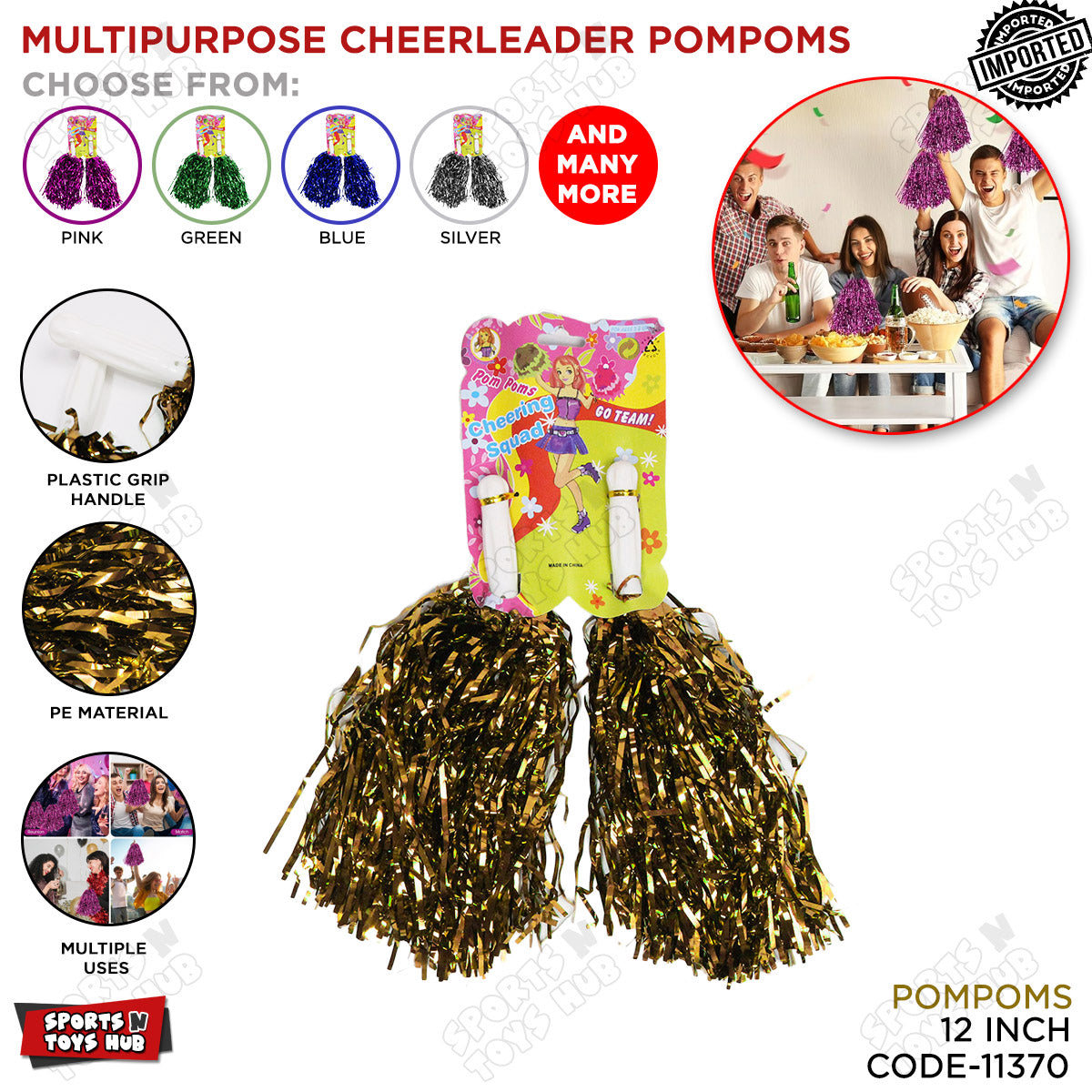 Cheerleader's Tinsel Foil Pompoms with Plastic Grip Handles