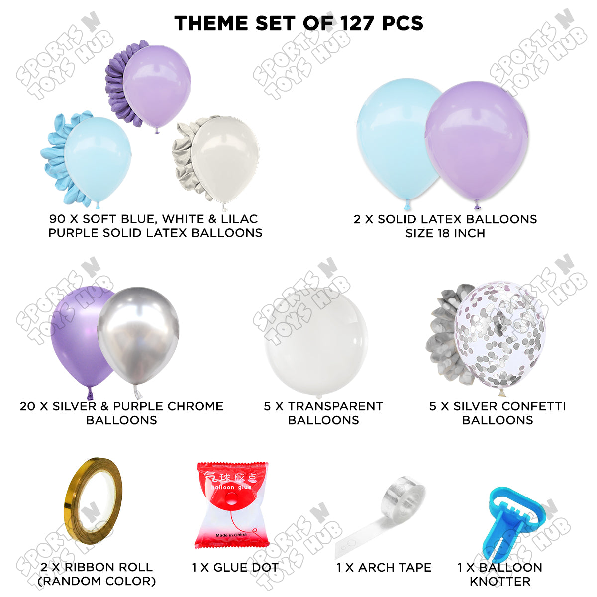 Soft Blue, Lilac Purple, White & Silver Color Arch Latex Balloon & Chrome Theme Set - 127 Pcs