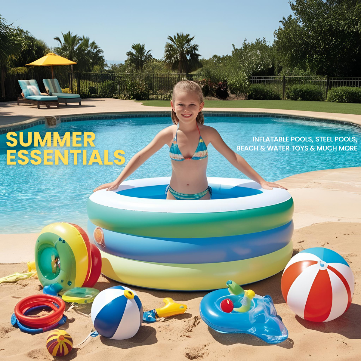 Inflatable Swimming Pools, Steel Frame Above Ground Pools, Beach Ball, Swim Rings, Water Toys