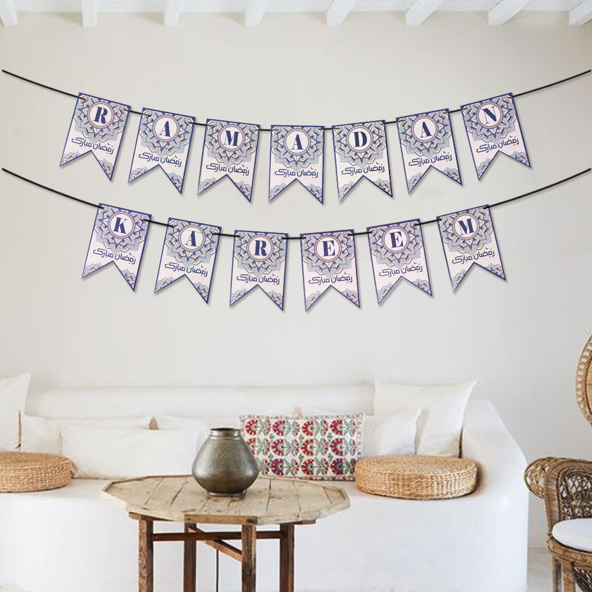 Ramadan Kareem Printed Card Banner - Blue & White