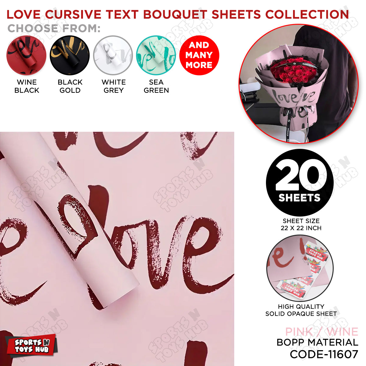 New Love Cursive Brush Script Text Print Opaque Floral Wrapping Sheets