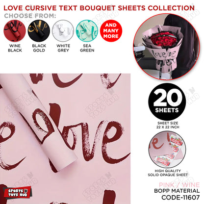 New Love Cursive Brush Script Text Print Opaque Floral Wrapping Sheets