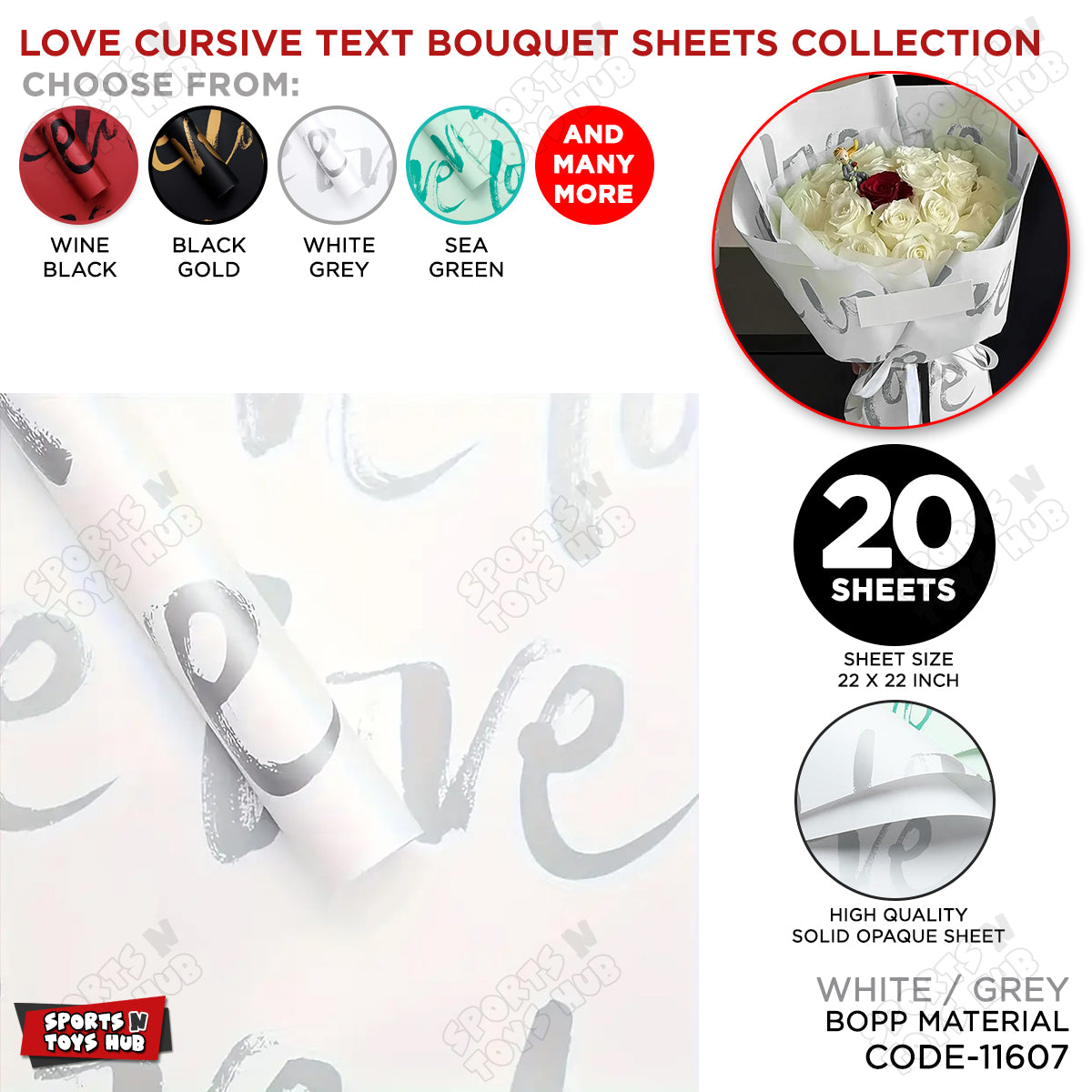 New Love Cursive Brush Script Text Print Opaque Floral Wrapping Sheets