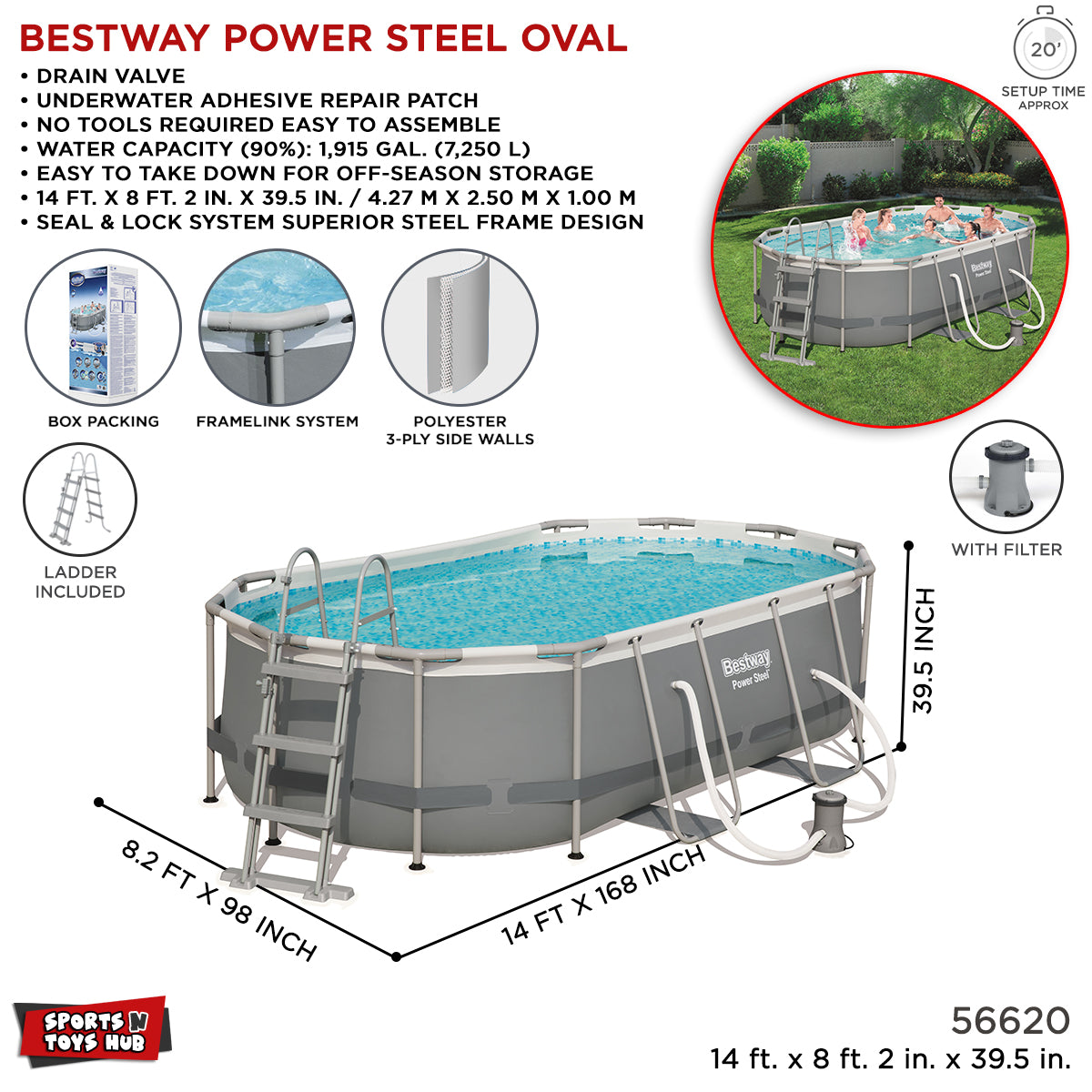 Bestway Power Steel Framed Oval Above Ground 14 Ft Big Length, 8.2 Foot Width Pool - 56620