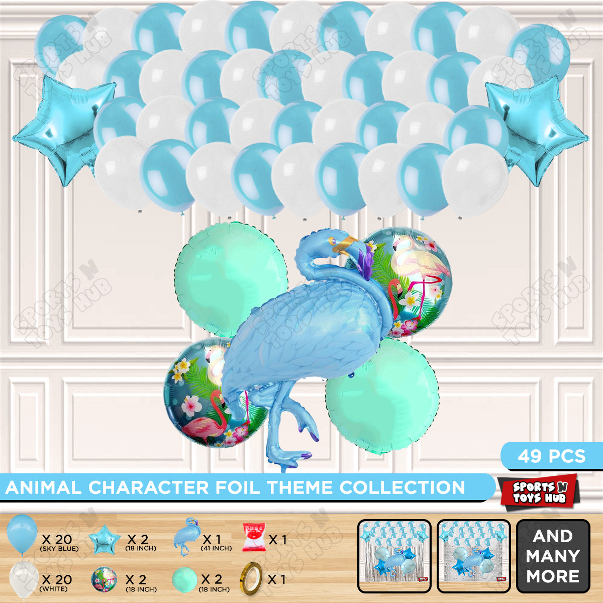 Flamingo Bird Blue Color Foil Balloon Set Theme