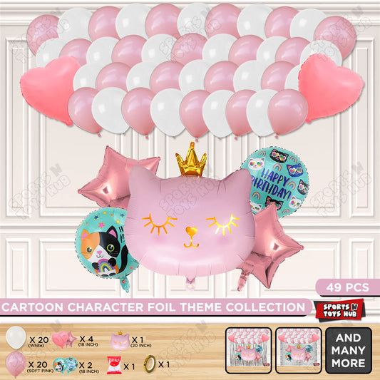 Cartoon Crown Pink Kitten Cat Foil Balloon Set Theme