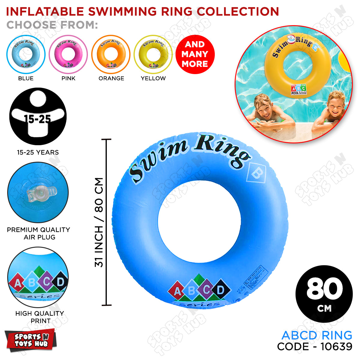 Inflatable ABCD 80 CM 15 to 25 Age Swimming Ring Tube